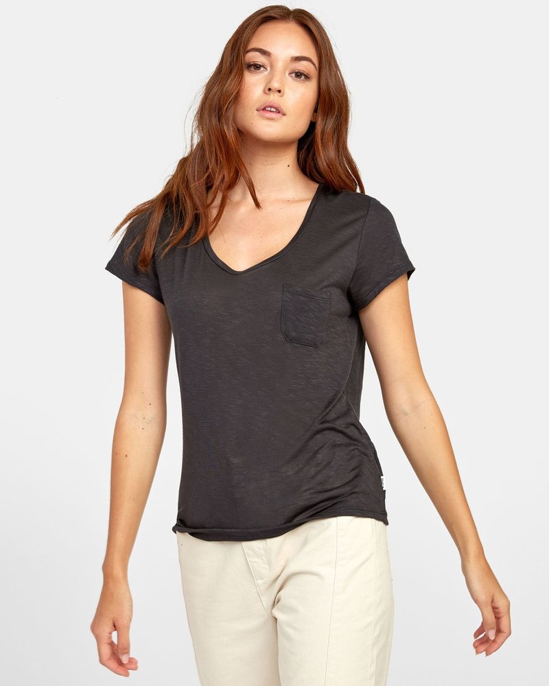 루카 여성 블랙 브이넥 반팔 티셔츠 (VA21ST178BLK)